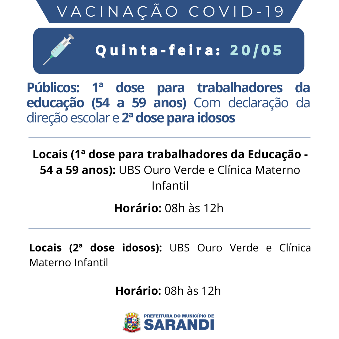 Cronograma de Vacinação contra Covid-19 - Quinta-feira - 20/05/2021